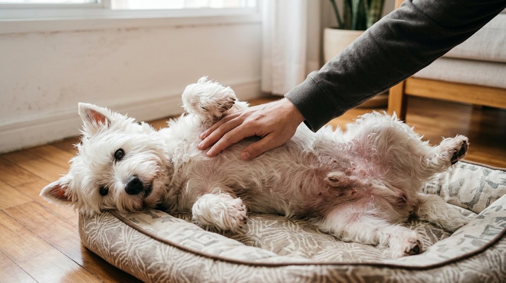 Westie deitado com a barriga rosada e irritada