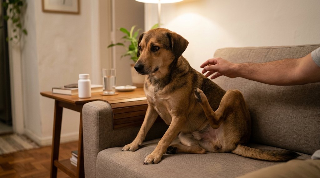 Cachorro se coçando no sofá à noite, com um frasco de remédio na mesa ao lado