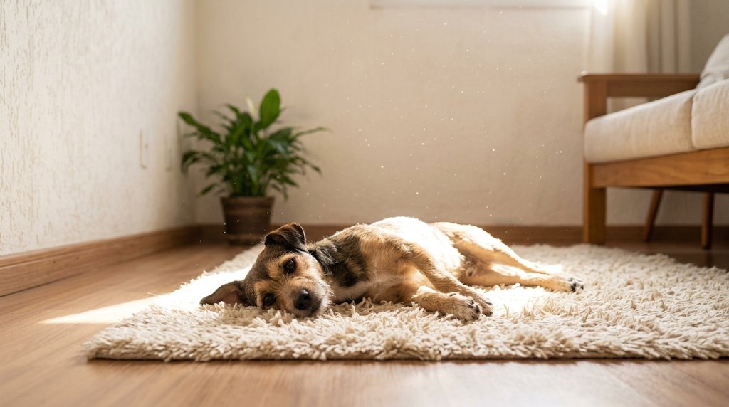 Cachorro deitado no tapete com poeira no raio de sol