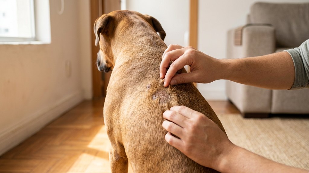 Dedos abrindo o pelo das costas de um cachorro e mostrando casquinhas na pele