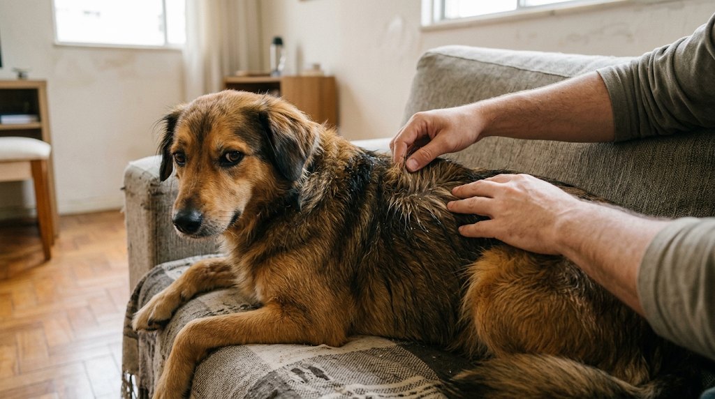 Mãos abrindo o pelo oleoso e com caspa das costas de um cachorro no sofá