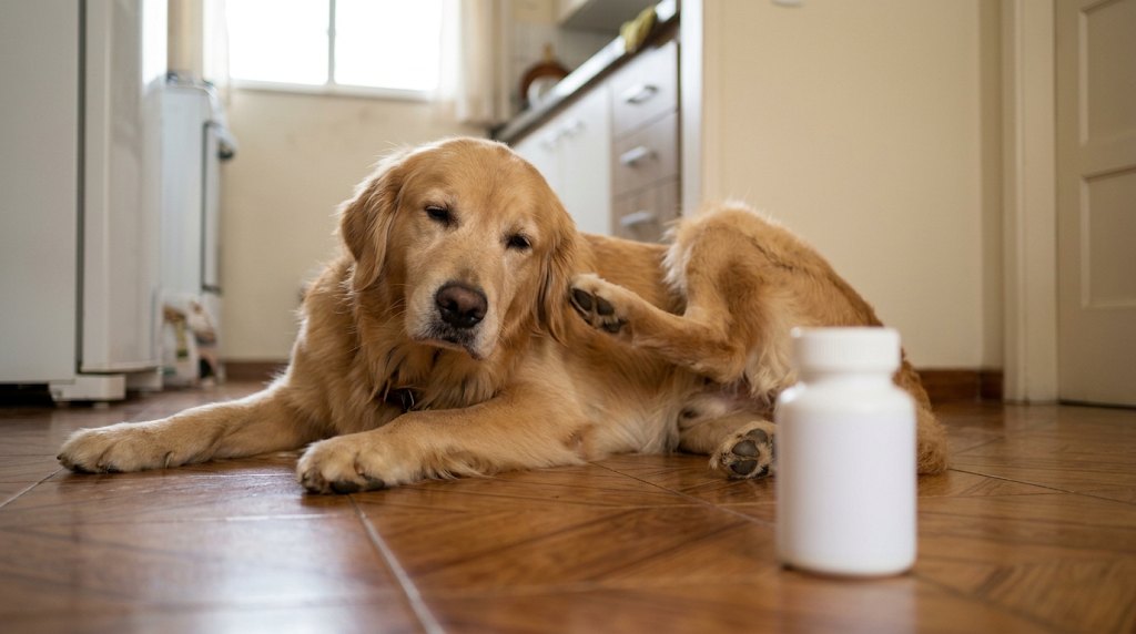 Golden retriever deitado na cozinha coçando o pescoço, com um frasco de remédio no chão