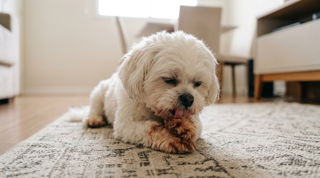 Shih Tzu branco deitado no tapete mordendo e lambendo a pata