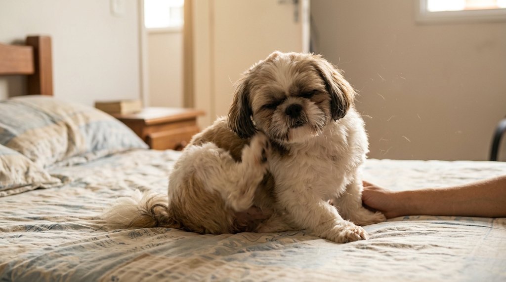 Shih Tzu na cama se coçando com a pata de trás