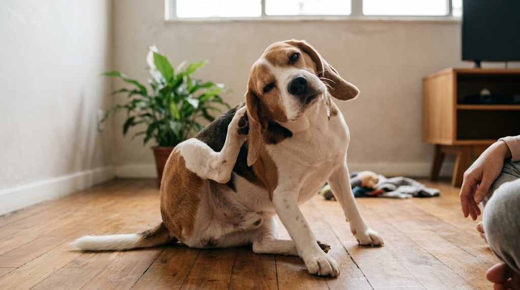 Beagle sentado coçando a orelha com a pata de trás