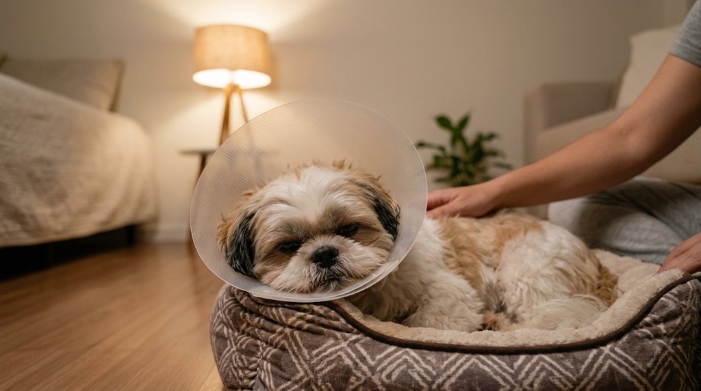 Shih Tzu de colar elizabetano deitado na caminha à noite