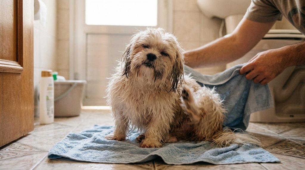 Lhasa molhado depois do banho, sentado na toalha e se coçando