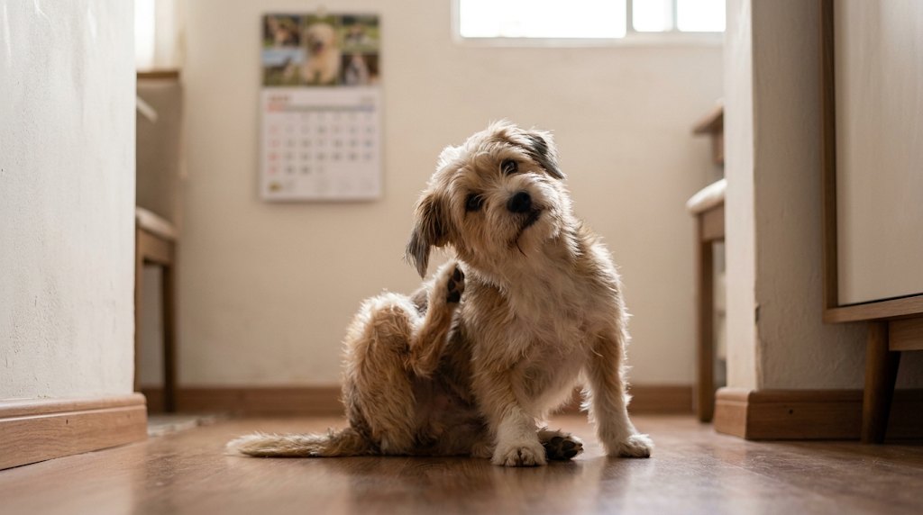 Cachorro coçando a orelha com um calendário na parede ao fundo