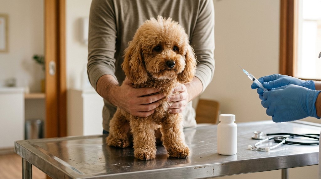 Poodle na mesa do consultório veterinário