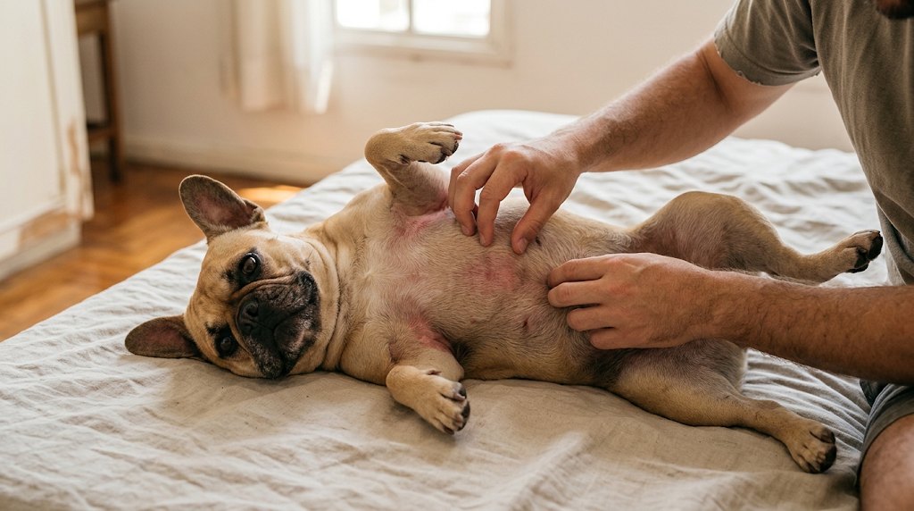 Buldogue francês de barriga pra cima com a pele avermelhada sendo examinada