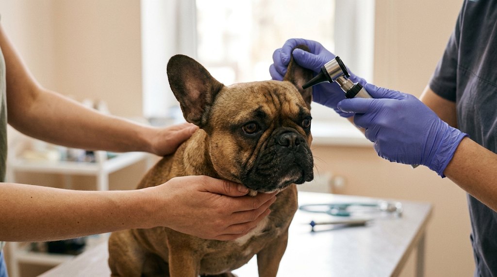 Veterinária examinando o ouvido de um buldogue francês