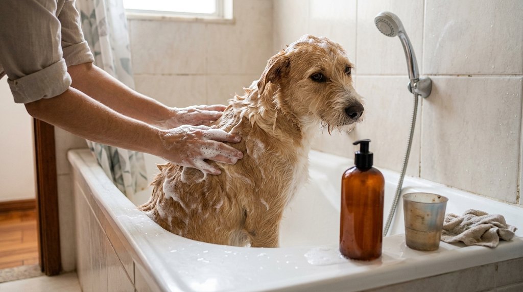 Cachorro na banheira com espuma de shampoo nas costas