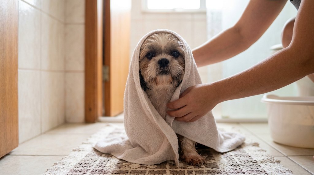 Shih Tzu enrolado na toalha depois do banho