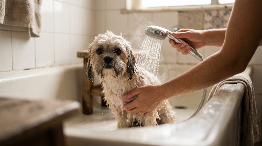 Cachorro sendo enxaguado com chuveirinho na banheira