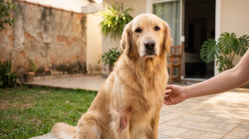 Golden retriever sentado no quintal olhando pra câmera