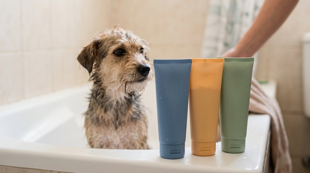 Cachorro molhado na banheira ao lado de três frascos de shampoo