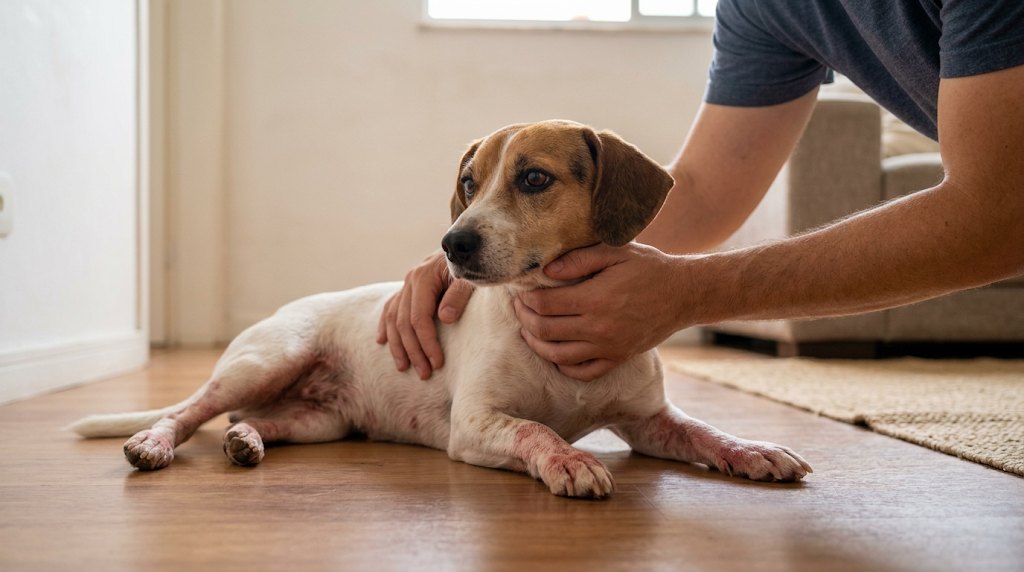 Cachorro com a pele avermelhada nas patas e na barriga, deitado no chão da sala, segurado pelas mãos do tutor