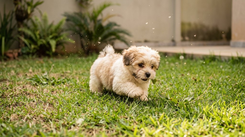 Filhote de Lhasa brincando na grama com pólen no ar