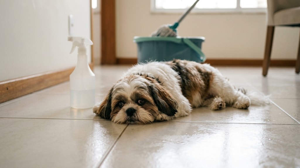 Shih Tzu deitado no piso recém-limpo, com balde e rodo ao fundo