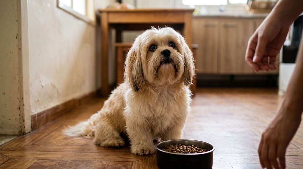 Lhasa sentado na frente do pote de ração