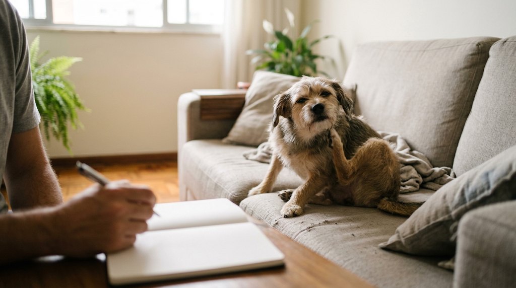 Cachorro se coçando no sofá enquanto a tutora anota num caderno
