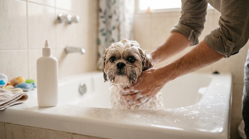 Shih Tzu na banheira com espuma de shampoo