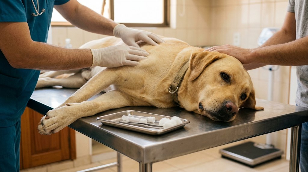 Labrador deitado na mesa do consultório veterinário