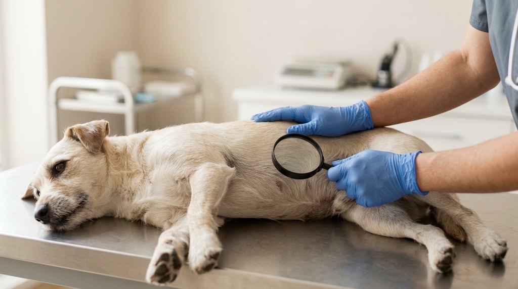 Veterinária examinando a pele de um cachorro com lupa